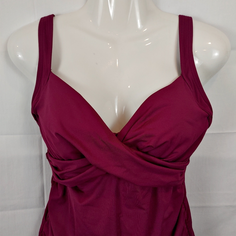 Lands' End Burgandy V-Neck Wrap Underwire Tankini w/Skirt Swimsuit Size 4D